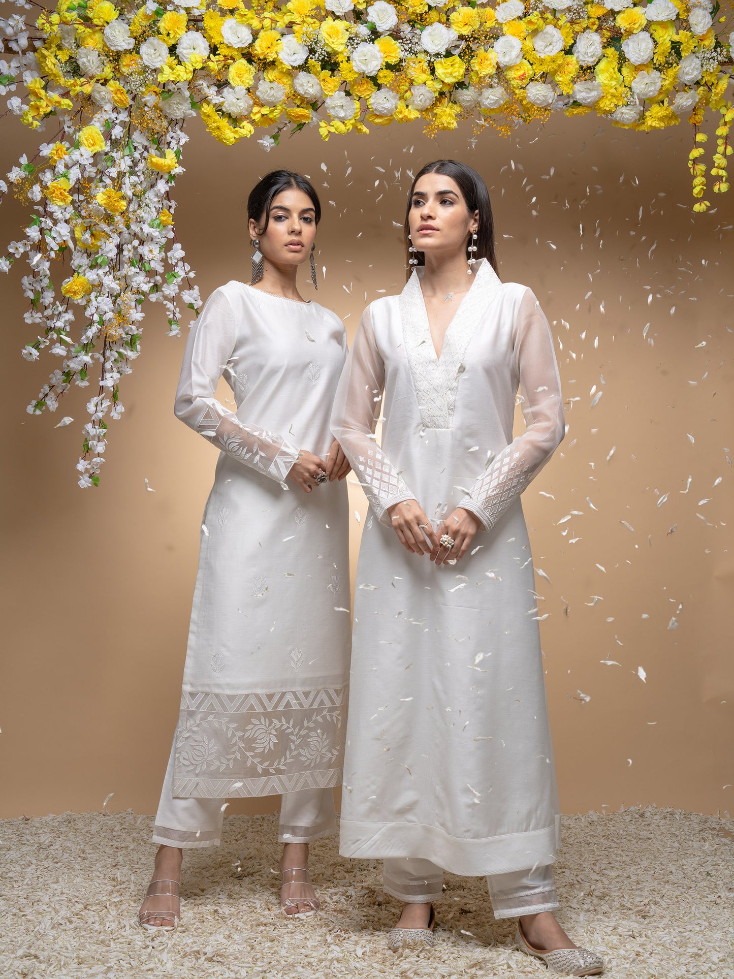Ivory Chanderi And Organza Floral Applique Kurta Set