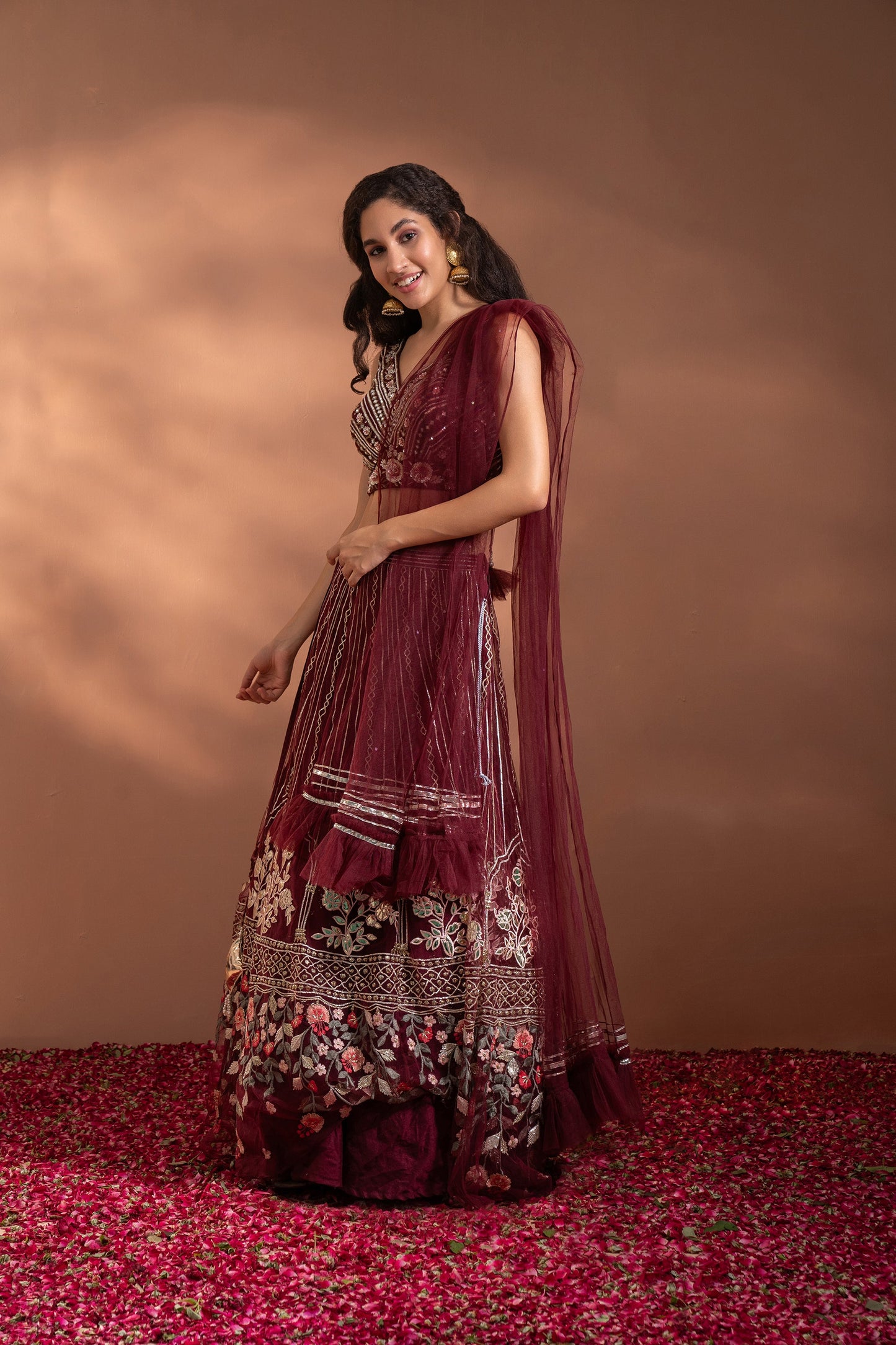 Maroon Red Lehenga Set in Net & Satin