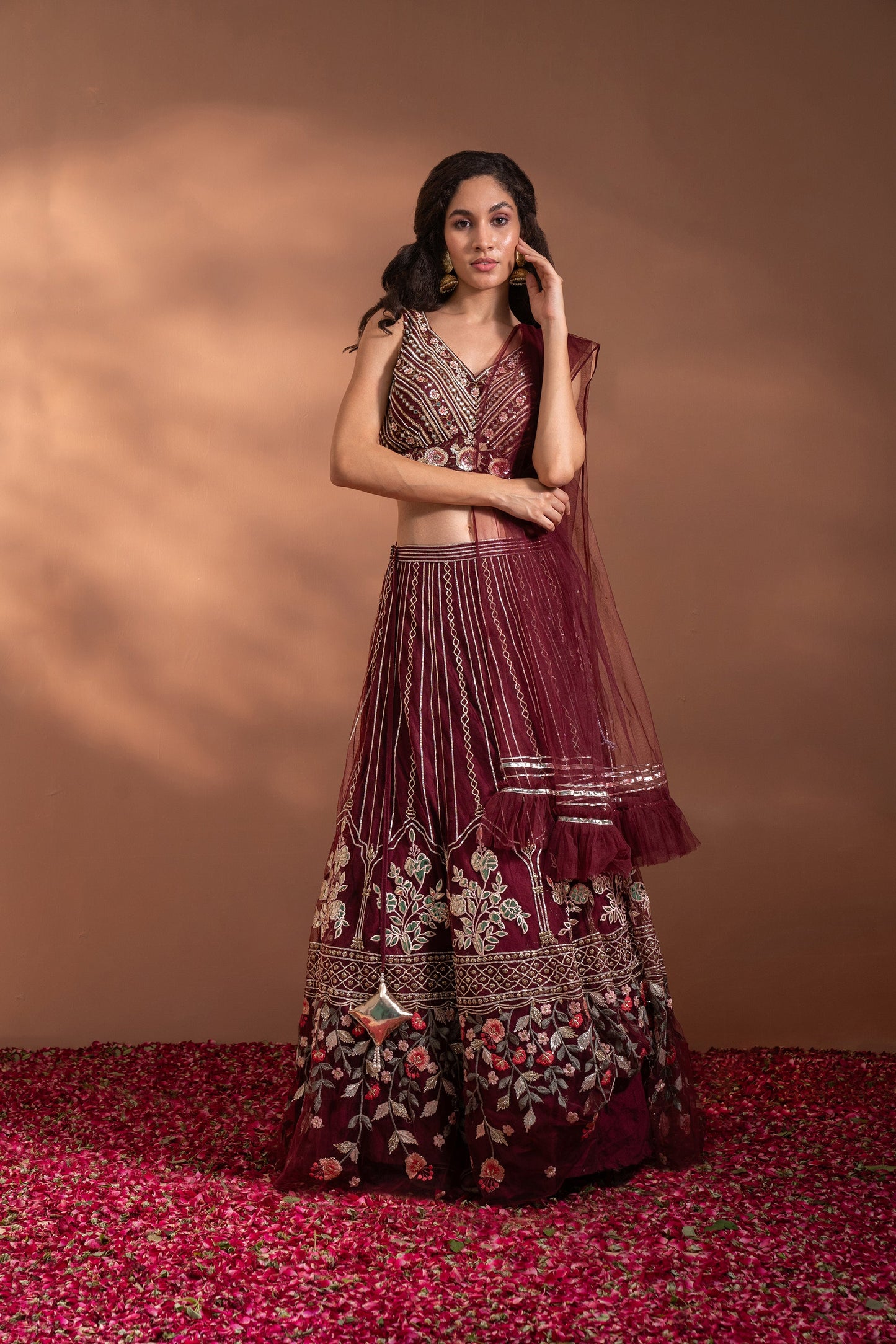Maroon Red Lehenga Set in Net & Satin