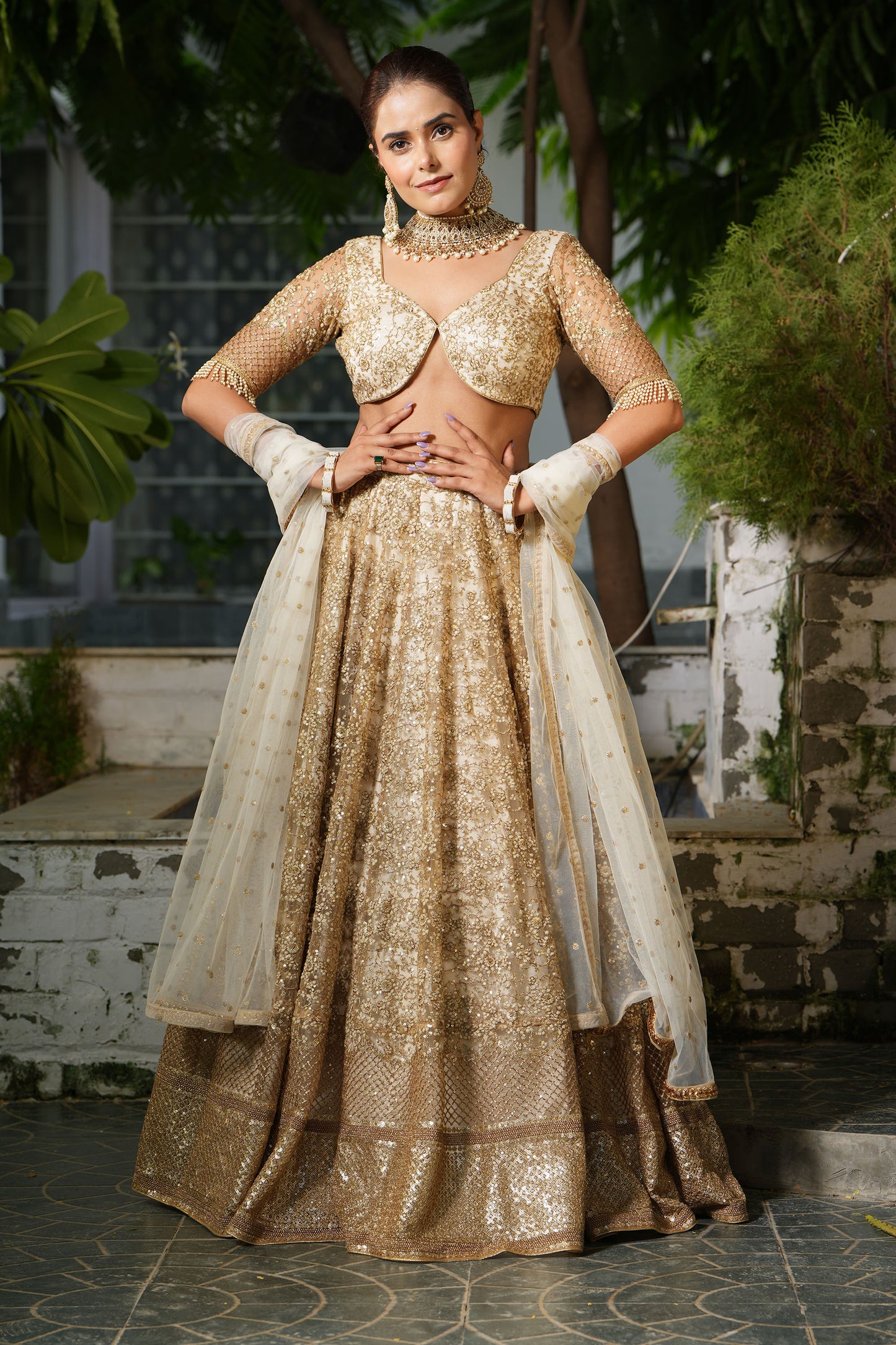 Champange Embroidered Bridal Lehenga Set