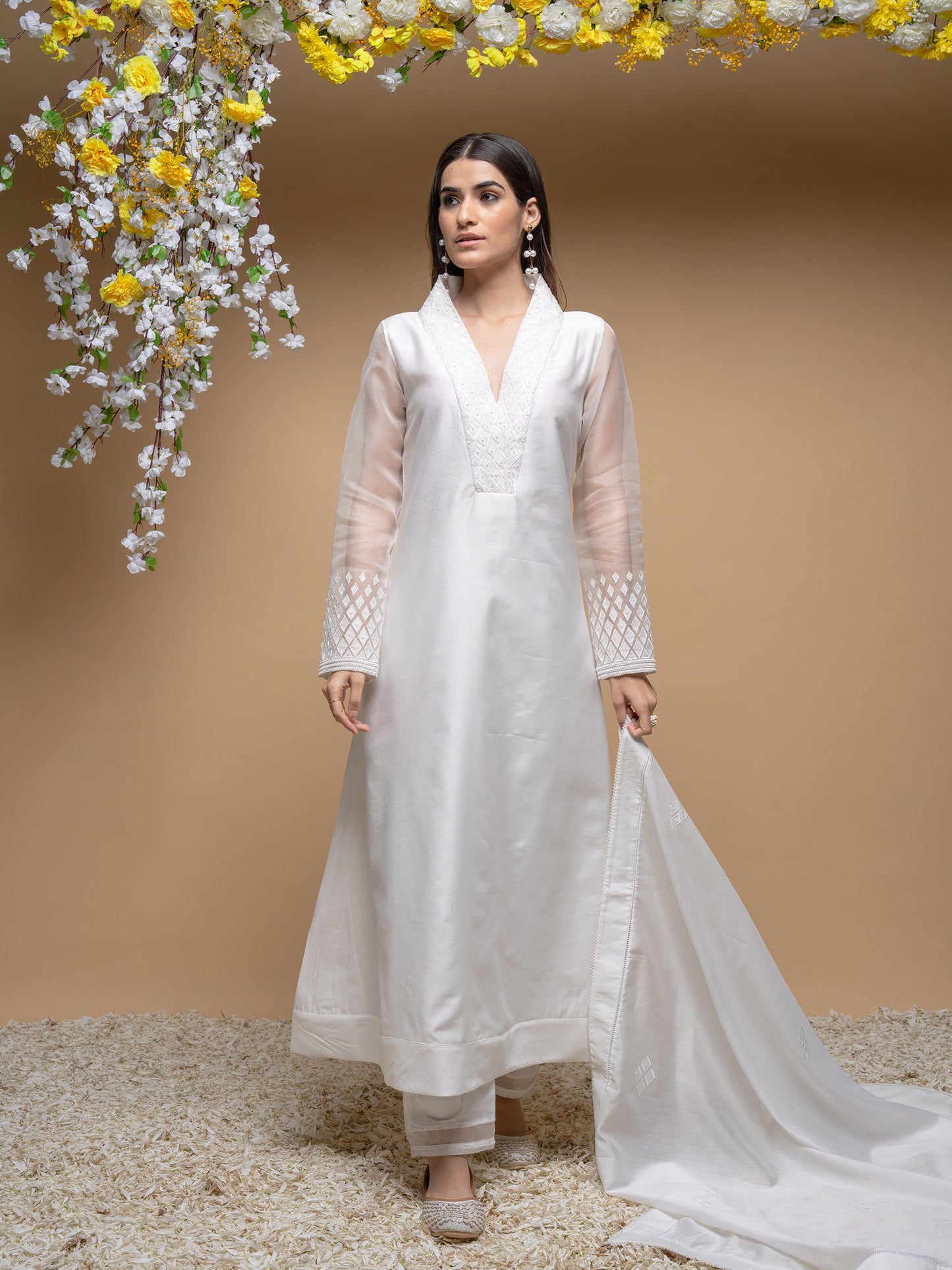 Ivory Chanderi And Organza Applique Embroidered Kurta Set
