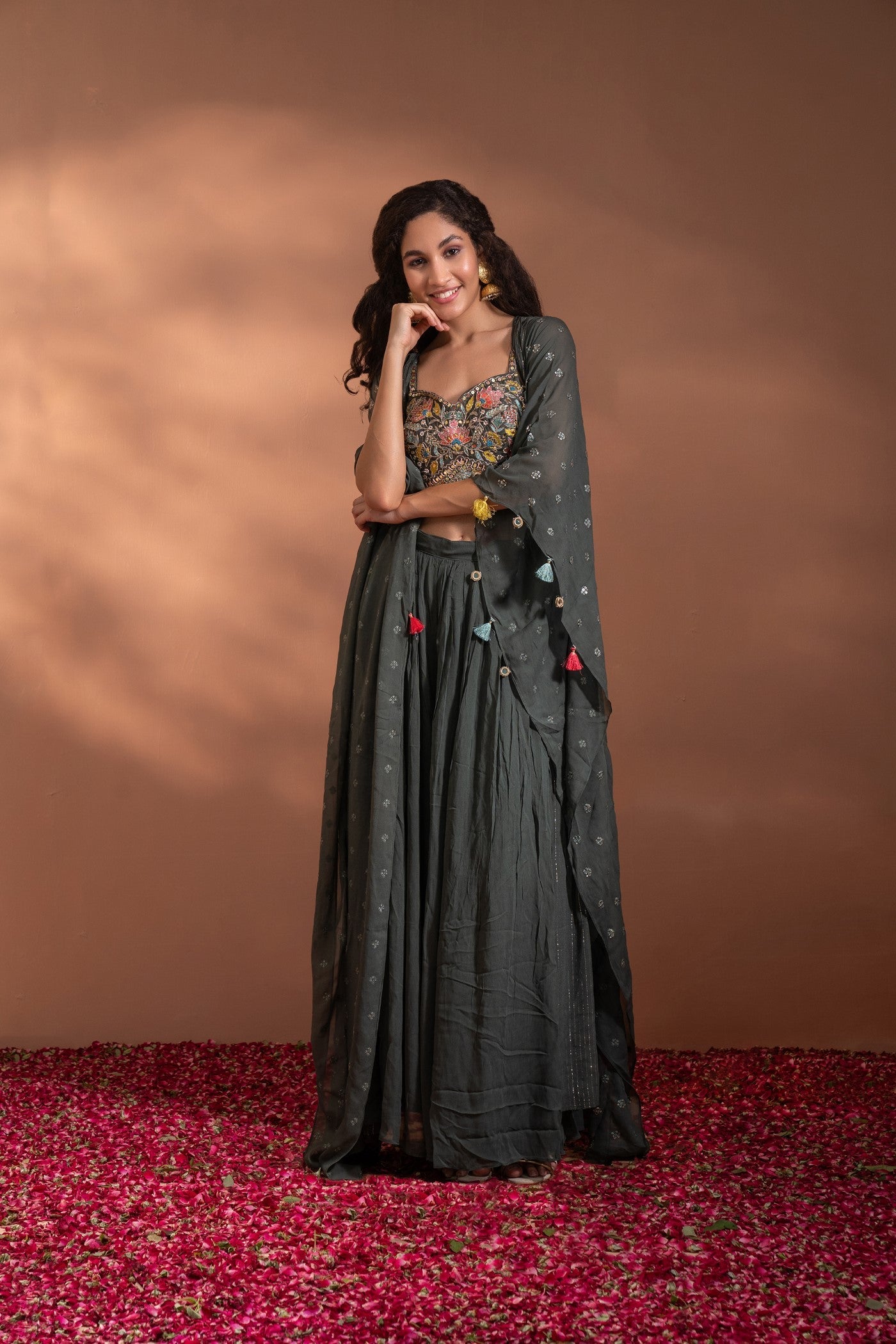 Dark Grey Palazzo Crop-Top Set In Georgette With Shrug