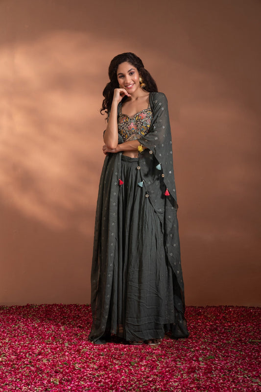 Dark Grey Palazzo Crop-Top Set In Georgette With Shrug