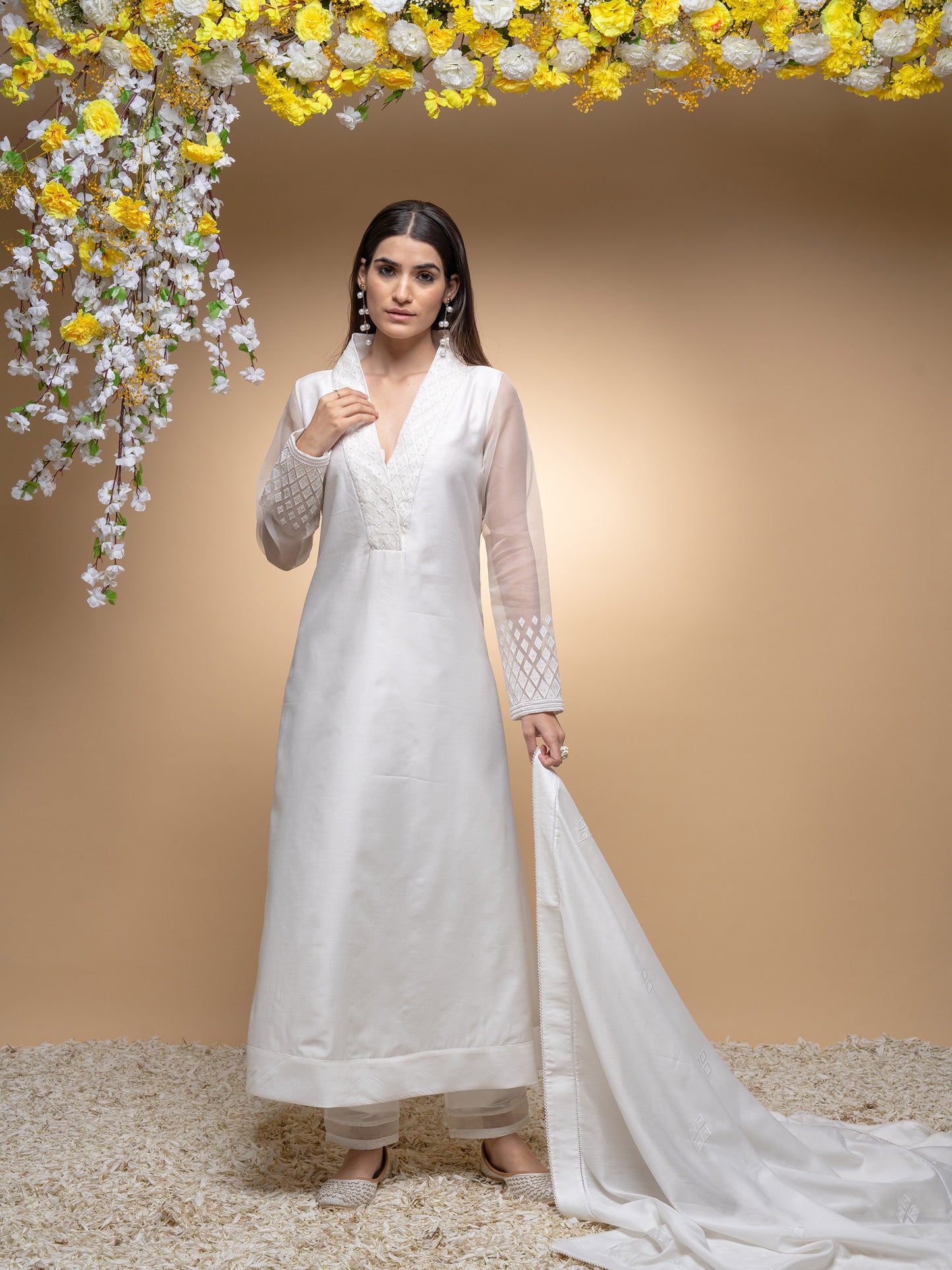 Ivory Chanderi And Organza Applique Embroidered Kurta Set