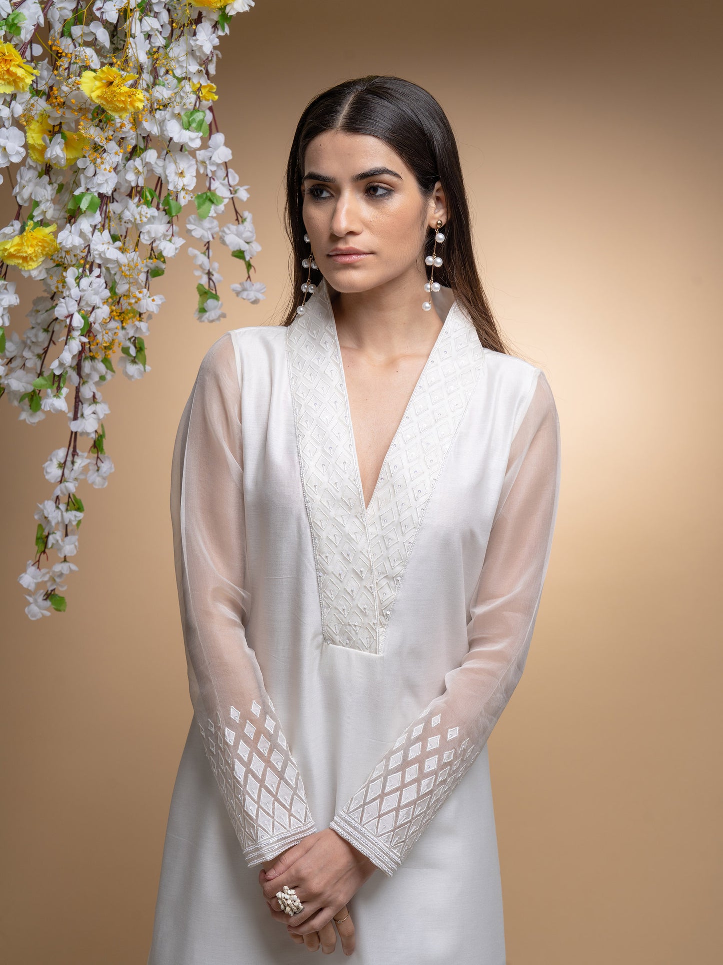 Ivory Chanderi And Organza Applique Embroidered Kurta Set