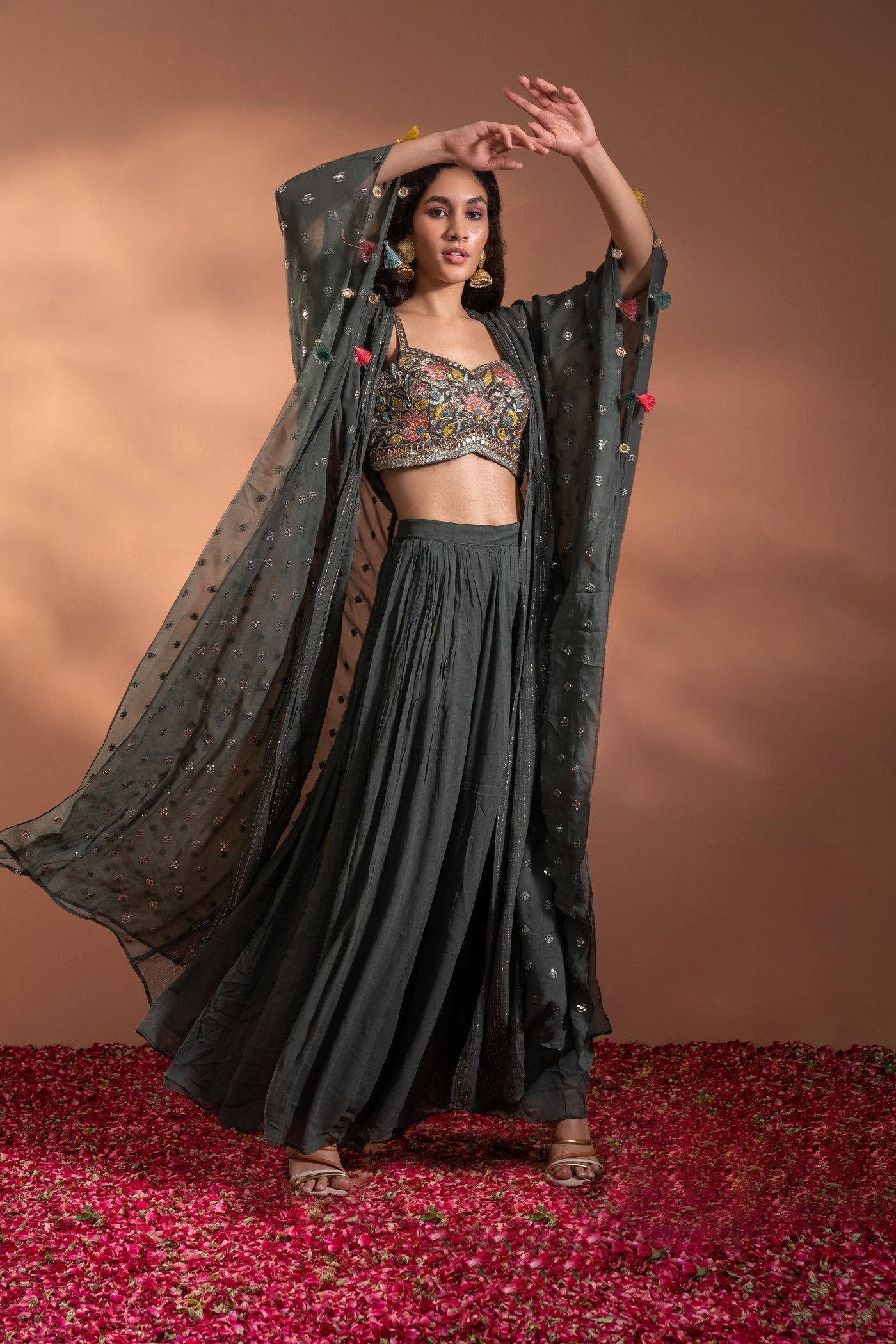Dark Grey Palazzo Crop-Top Set In Georgette With Shrug