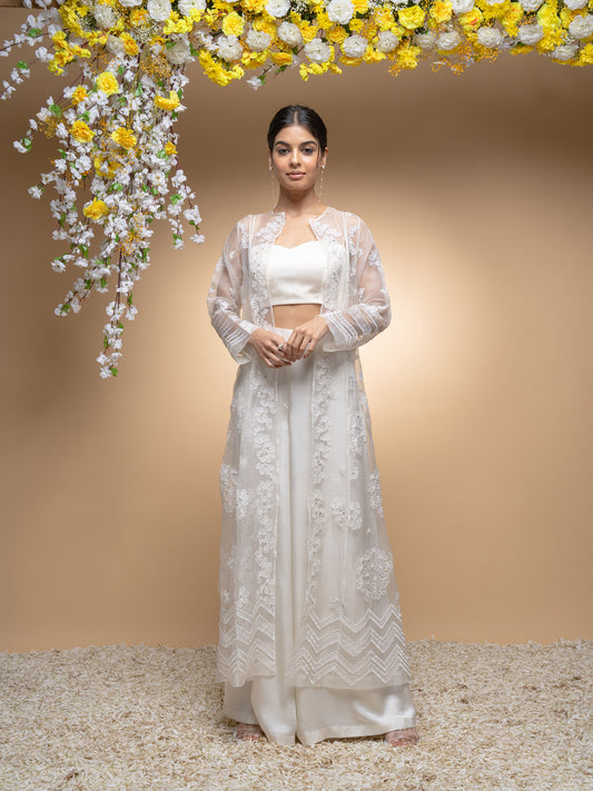 Ivory Organza Hand Applique Work Jacket Set With Bustier And Palazzo Pants