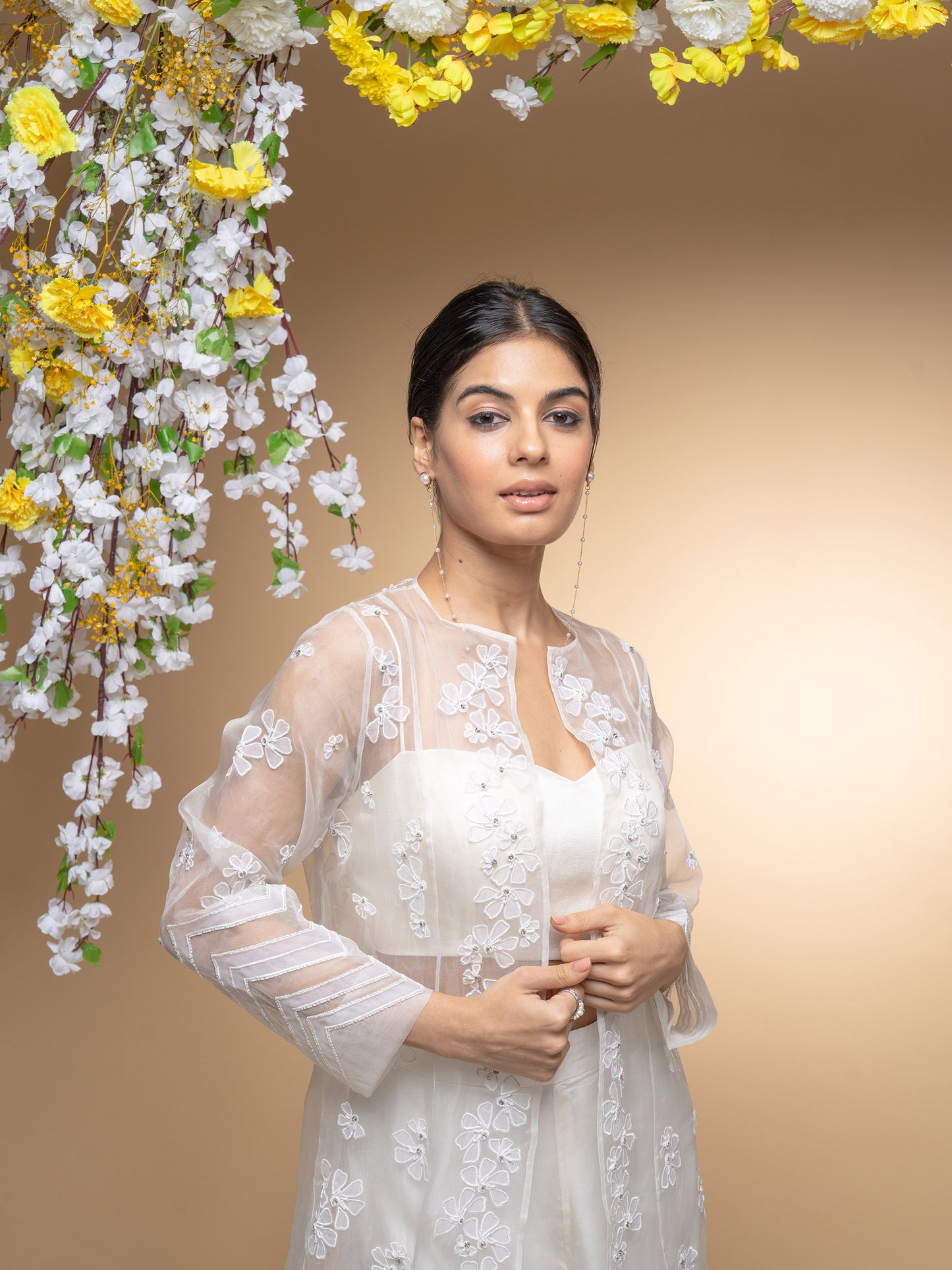 Ivory Organza Hand Applique Work Jacket Set With Bustier And Palazzo Pants