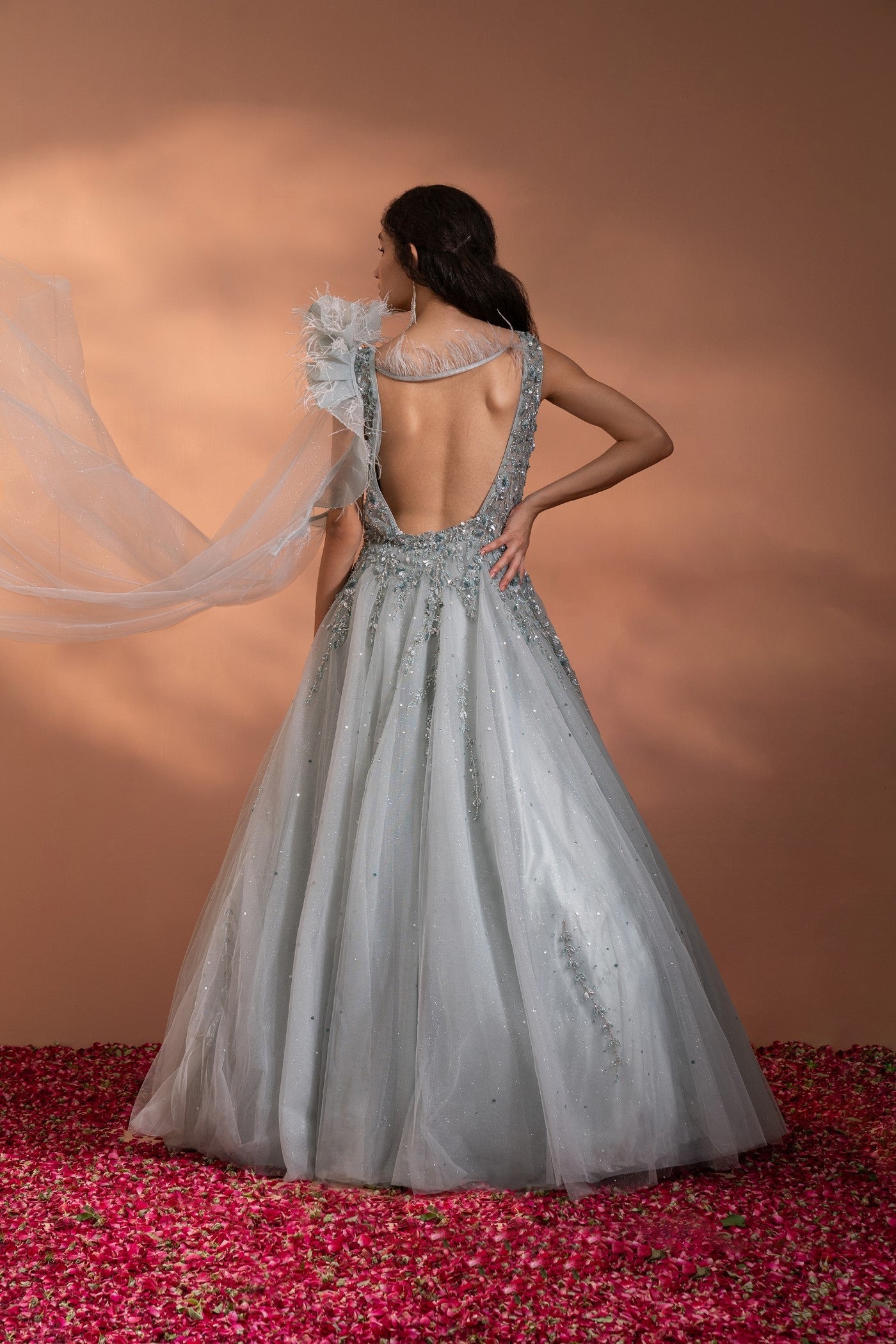 Smoke Grey Sequins Embroidered Flared Gown