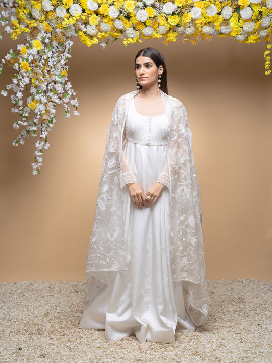 Ivory Chanderi Anarkali With Exquisitely Hand Embroidered Organza Dupatta