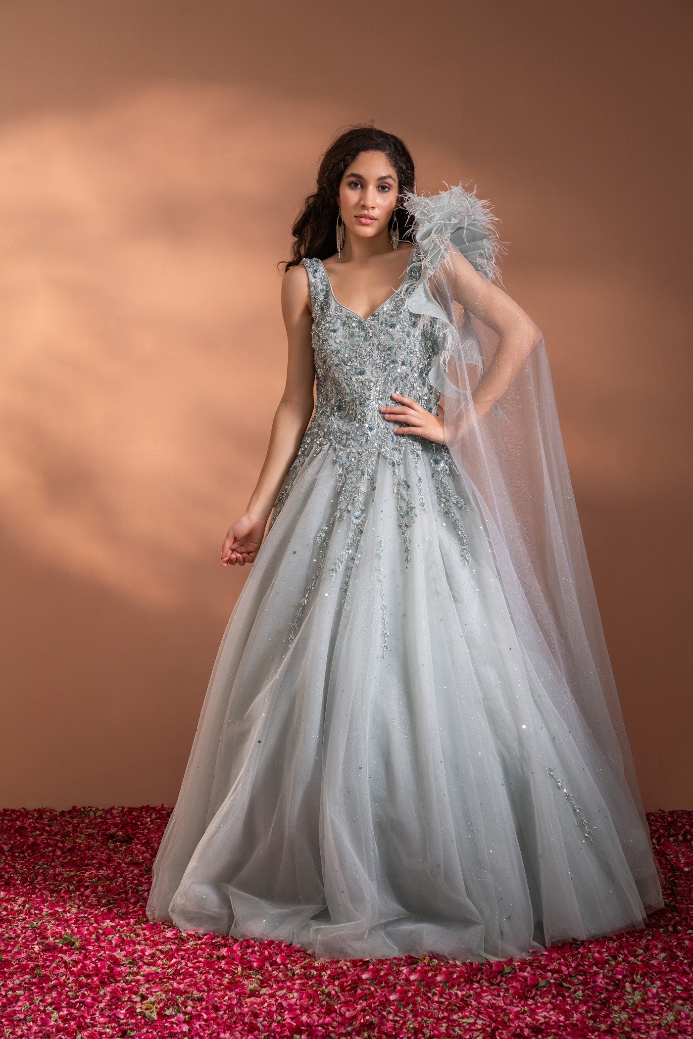 Smoke Grey Sequins Embroidered Flared Gown