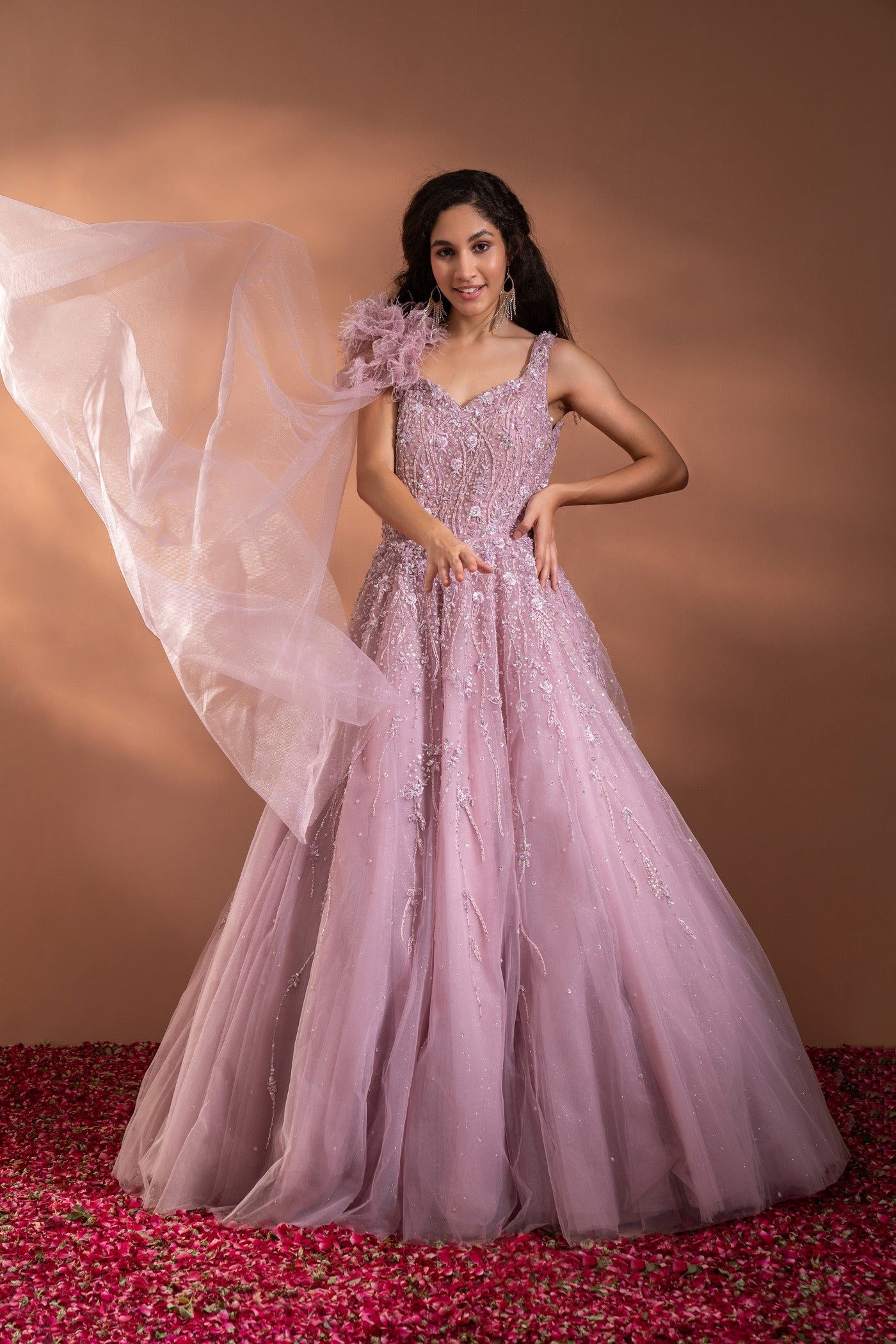 Dusty Pink Sequins Embroidered Flared Gown