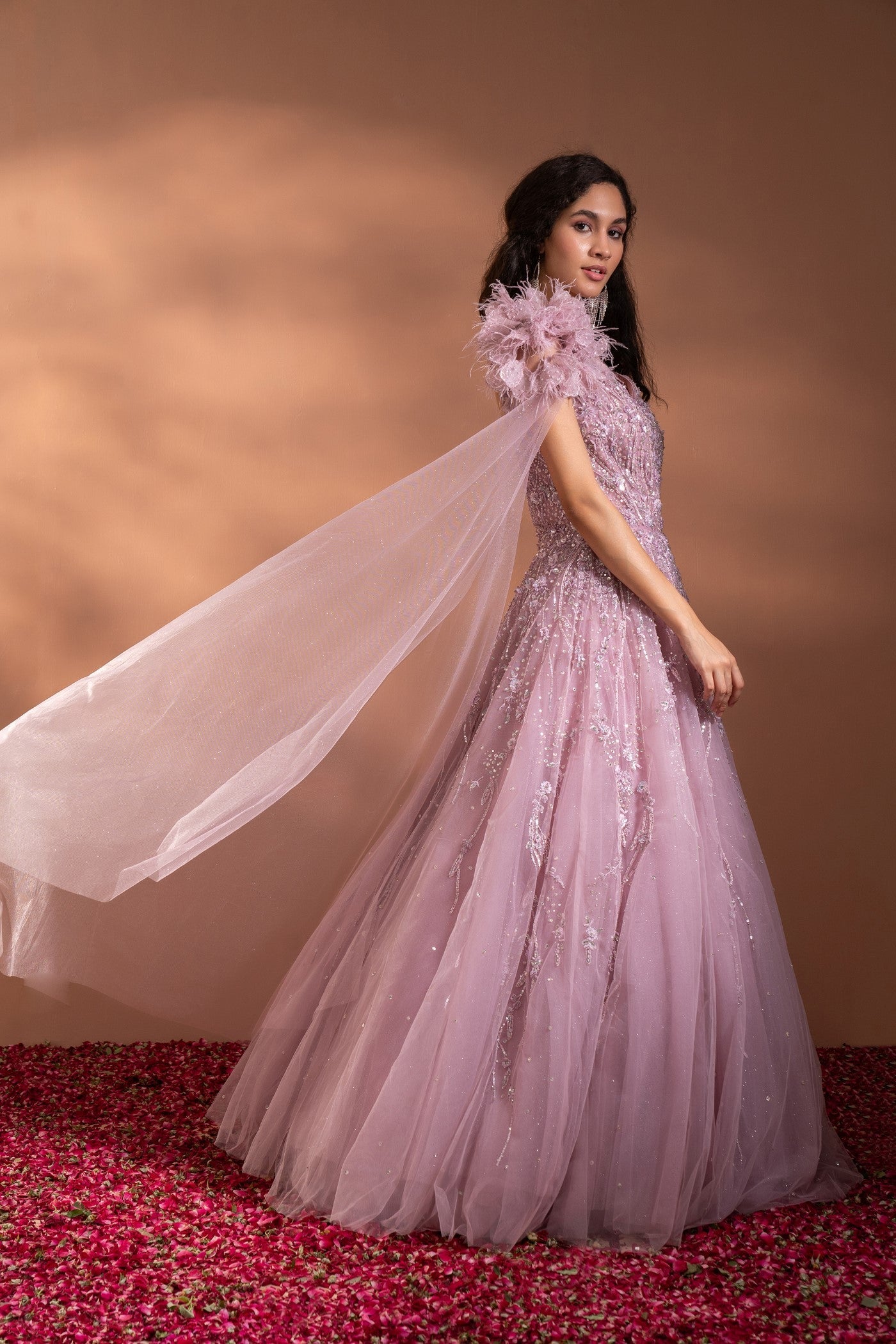 Dusty Pink Sequins Embroidered Flared Gown