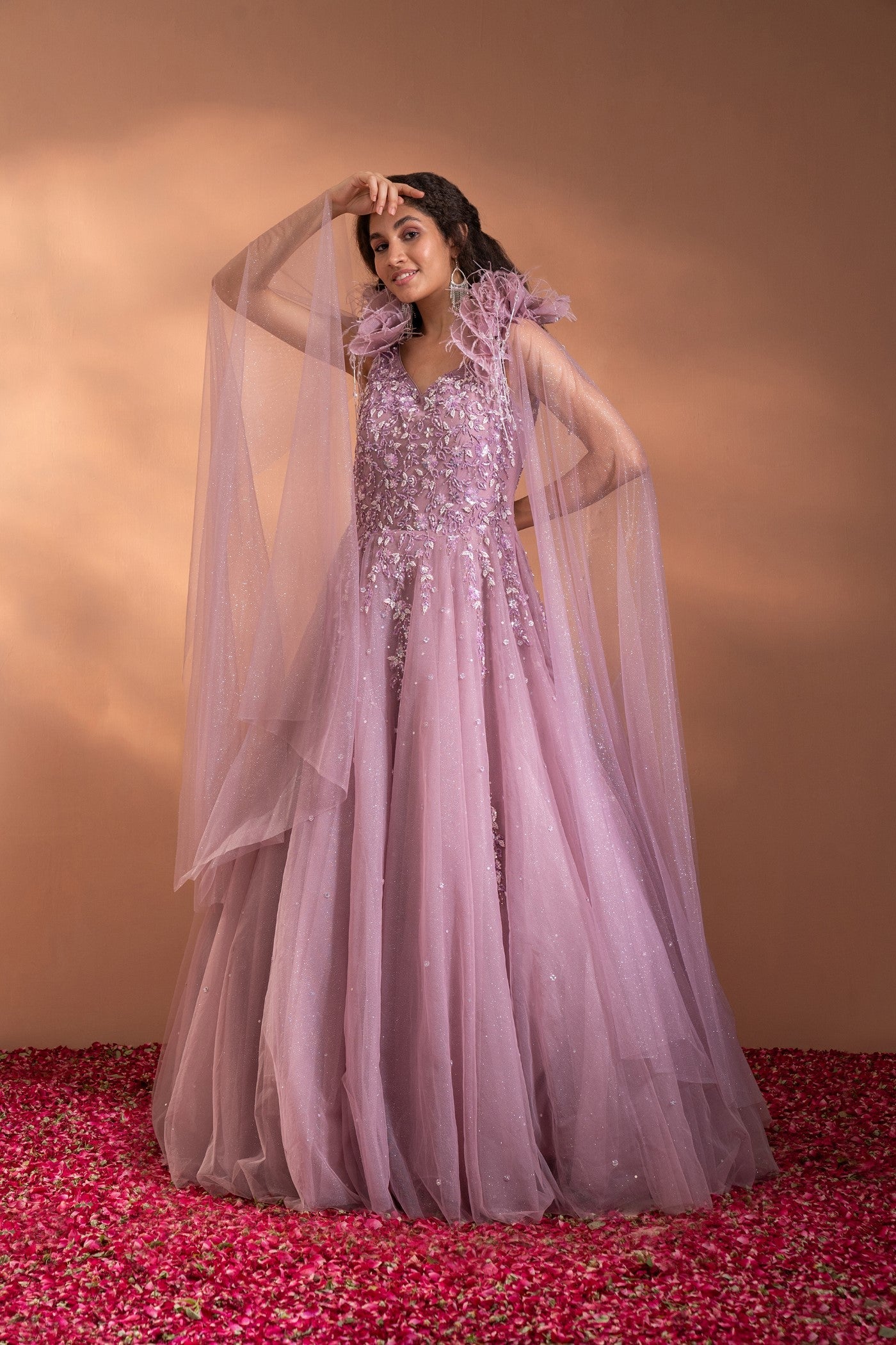 Rosey Mauve Sequins Embroidered Flared Gown