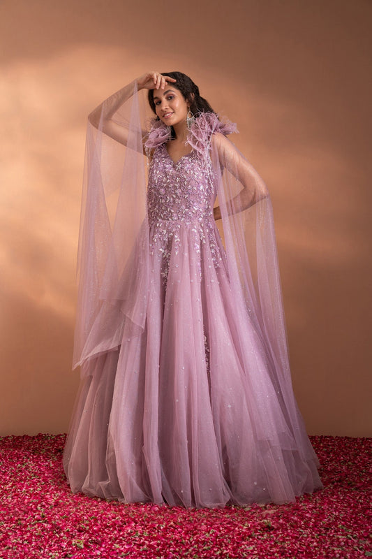 Rosey Mauve Sequins Embroidered Flared Gown