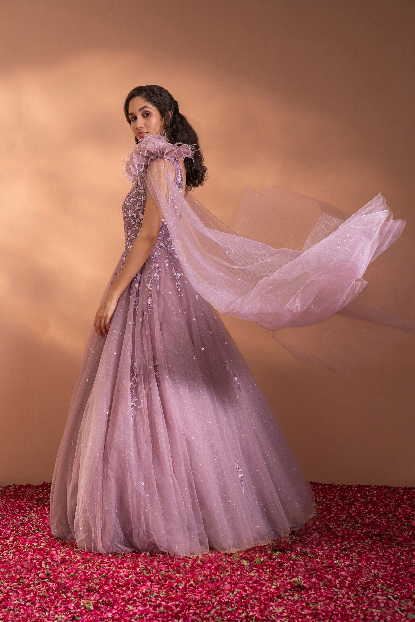 Rosey Mauve Sequins Embroidered Flared Gown