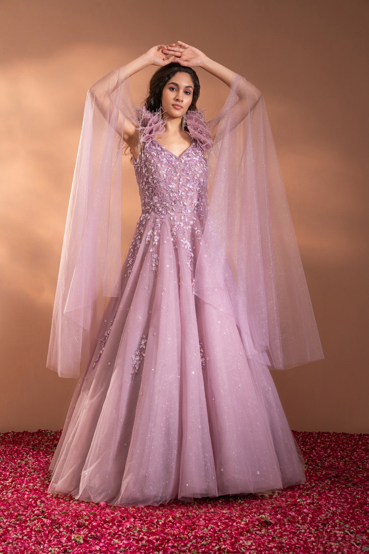 Rosey Mauve Sequins Embroidered Flared Gown