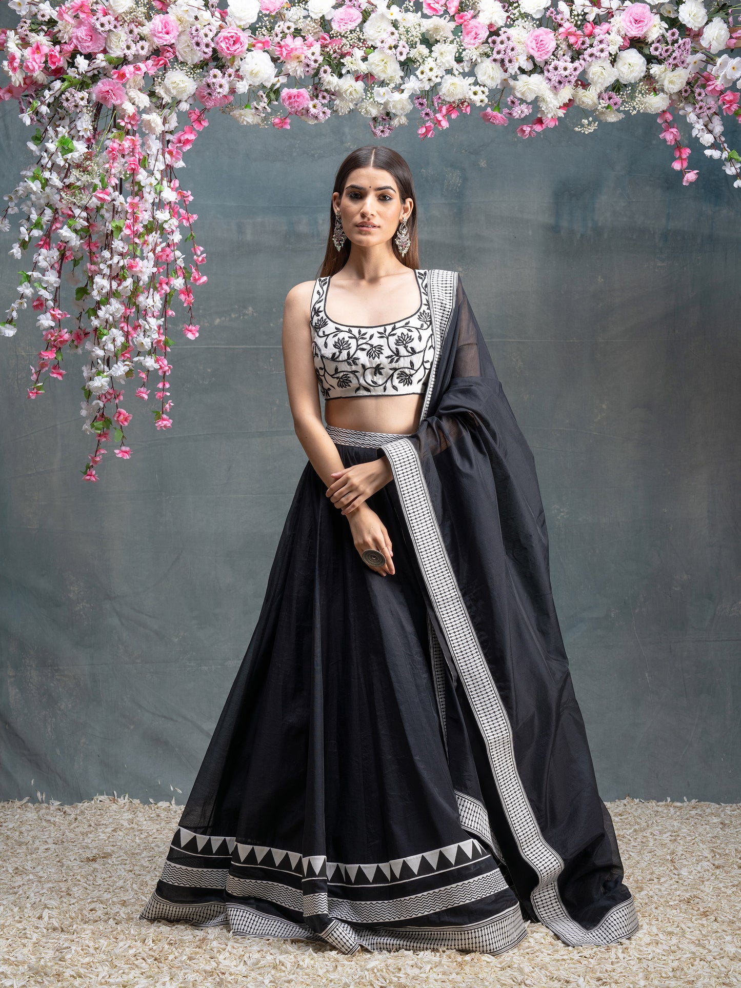 Ivory And Black Hand Block Printed & Embroidered Lehenga Set