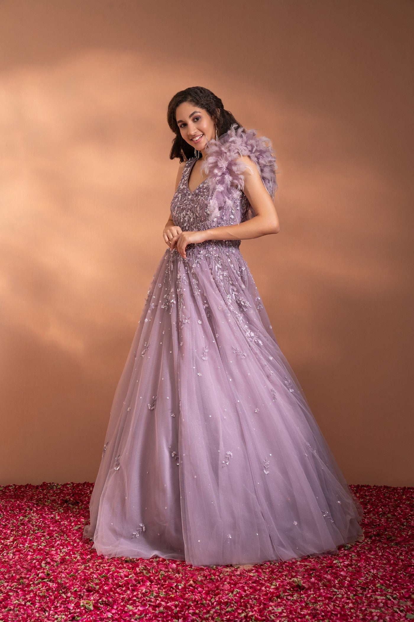 Deep Lilac Sequins Embroidered Flared Gown