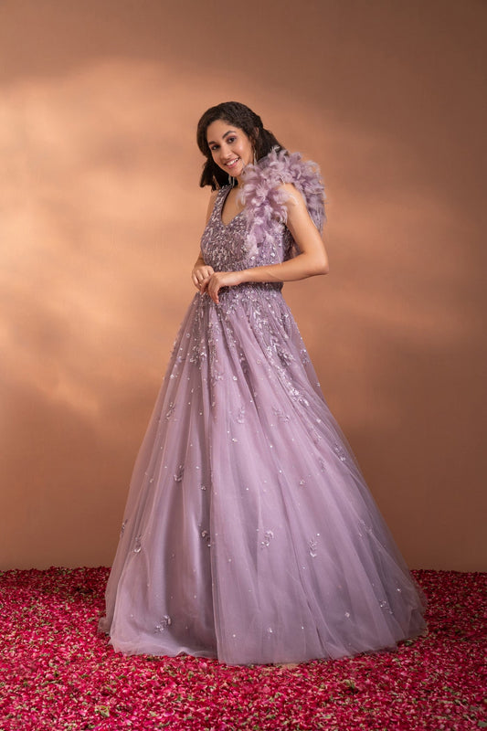 Deep Lilac Sequins Embroidered Flared Gown