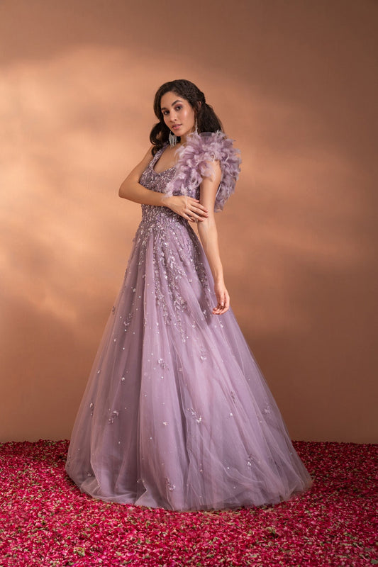 Deep Lilac Sequins Embroidered Flared Gown