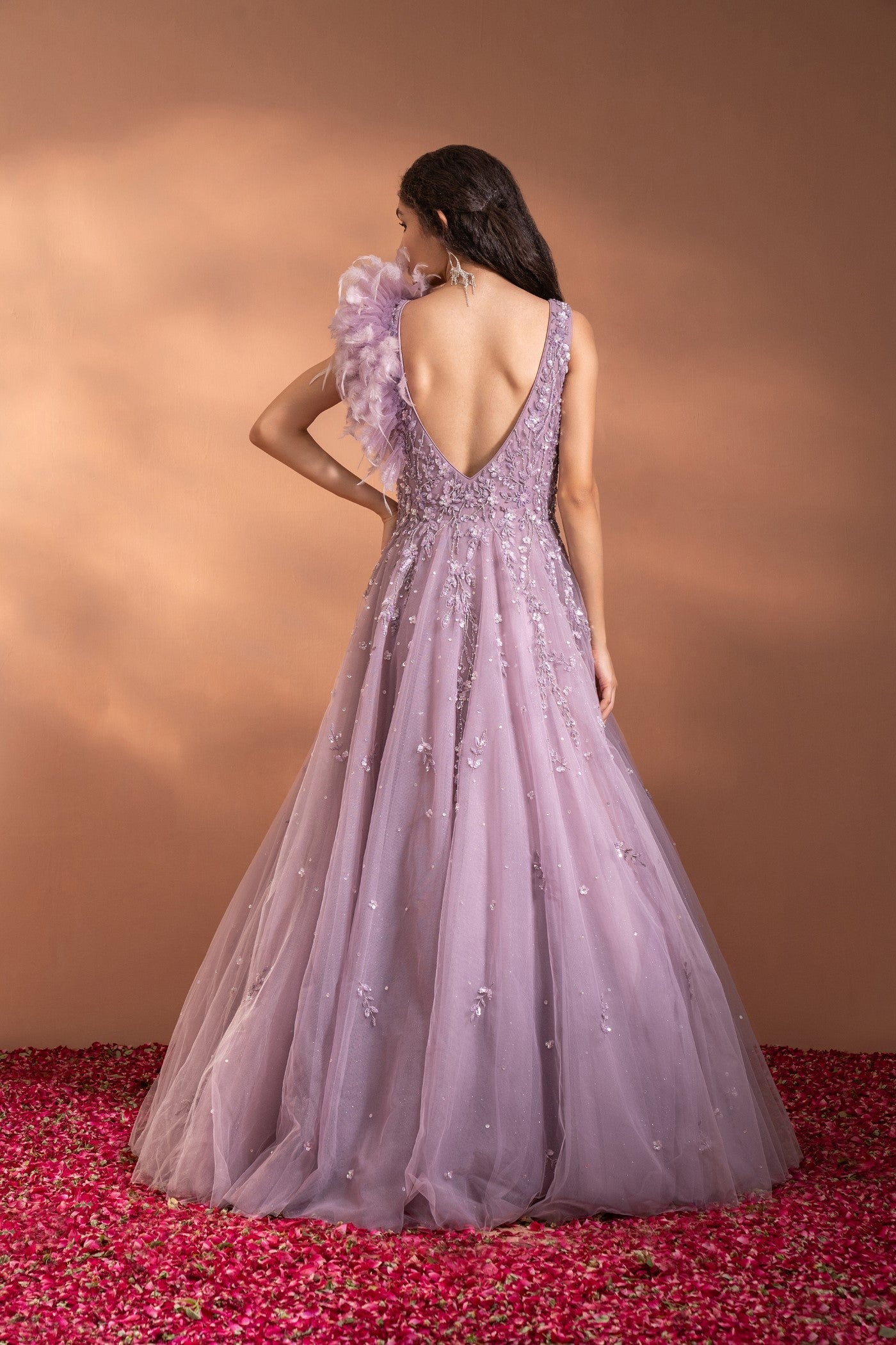 Deep Lilac Sequins Embroidered Flared Gown