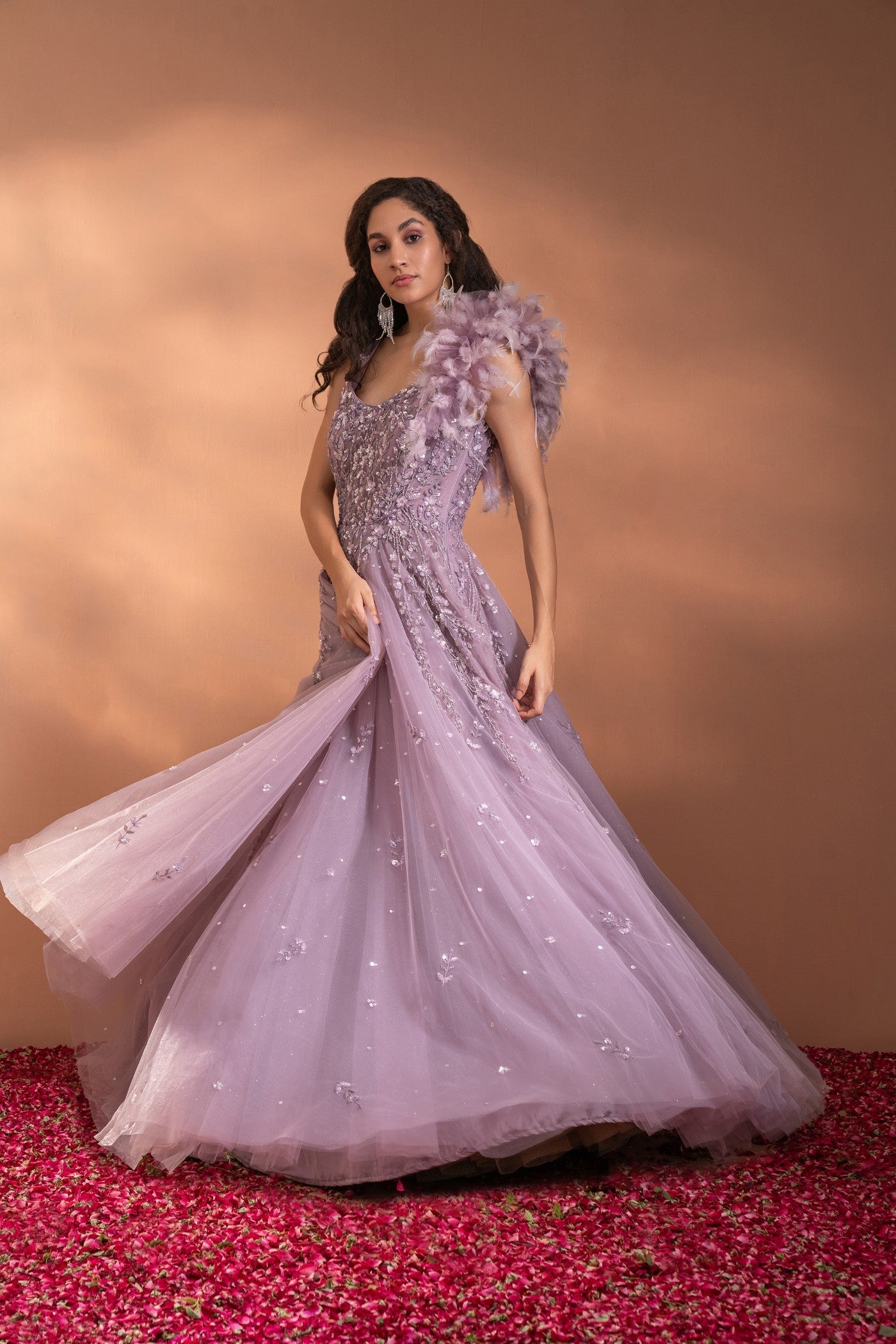 Deep Lilac Sequins Embroidered Flared Gown