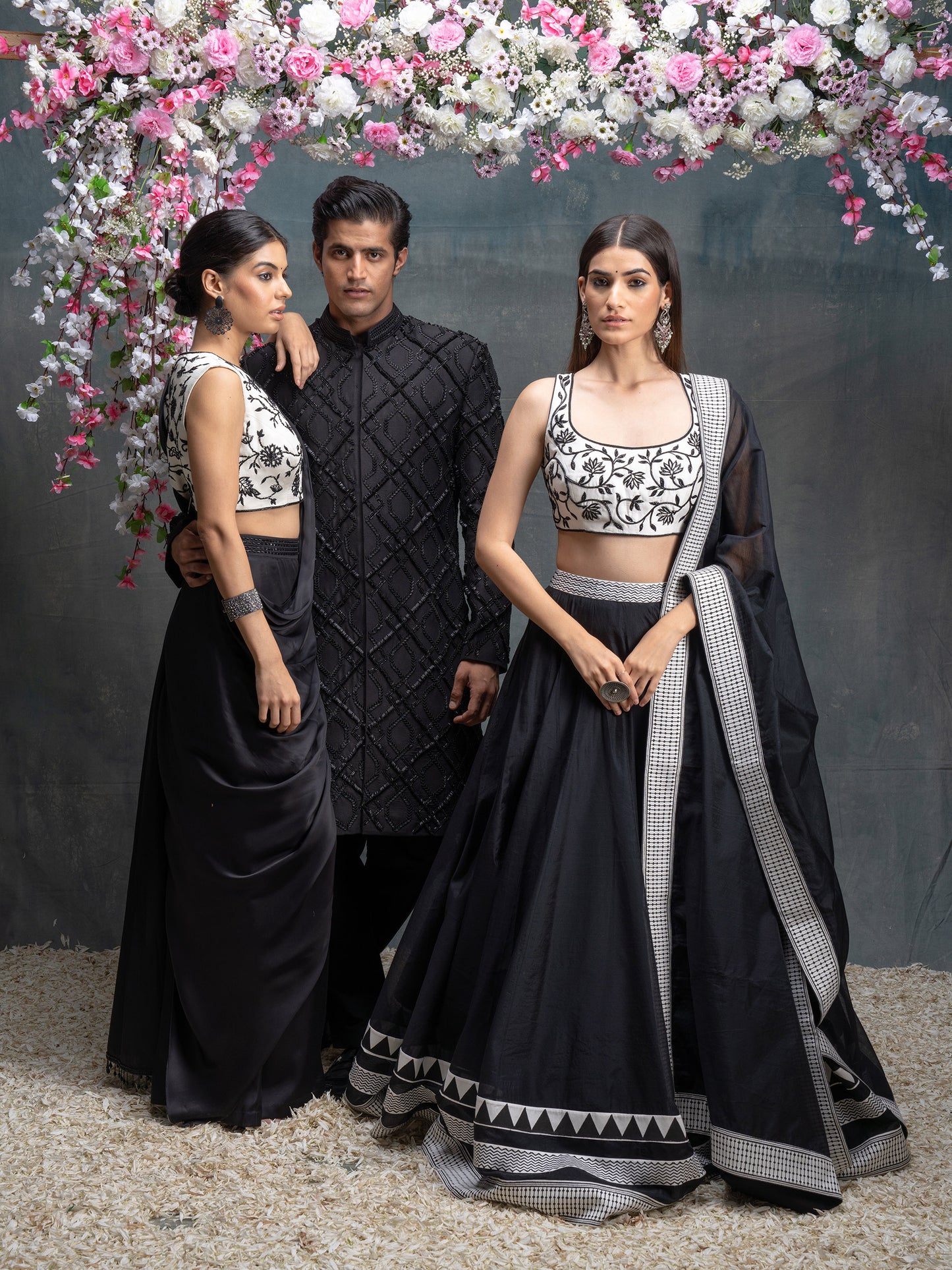 Ivory And Black Hand Block Printed & Embroidered Lehenga Set