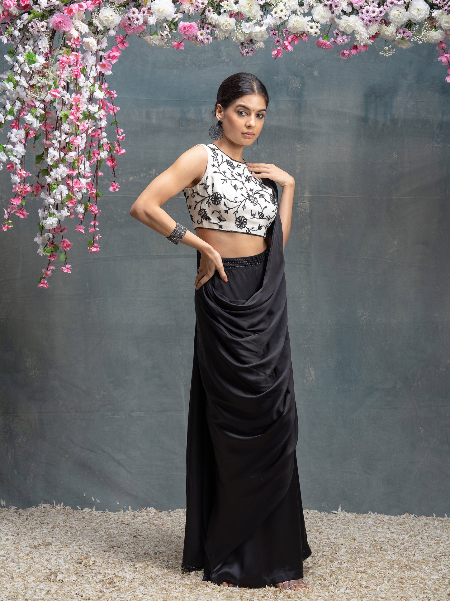 Ivory And Black Predraped Saree With Hand Embroidered Blouse