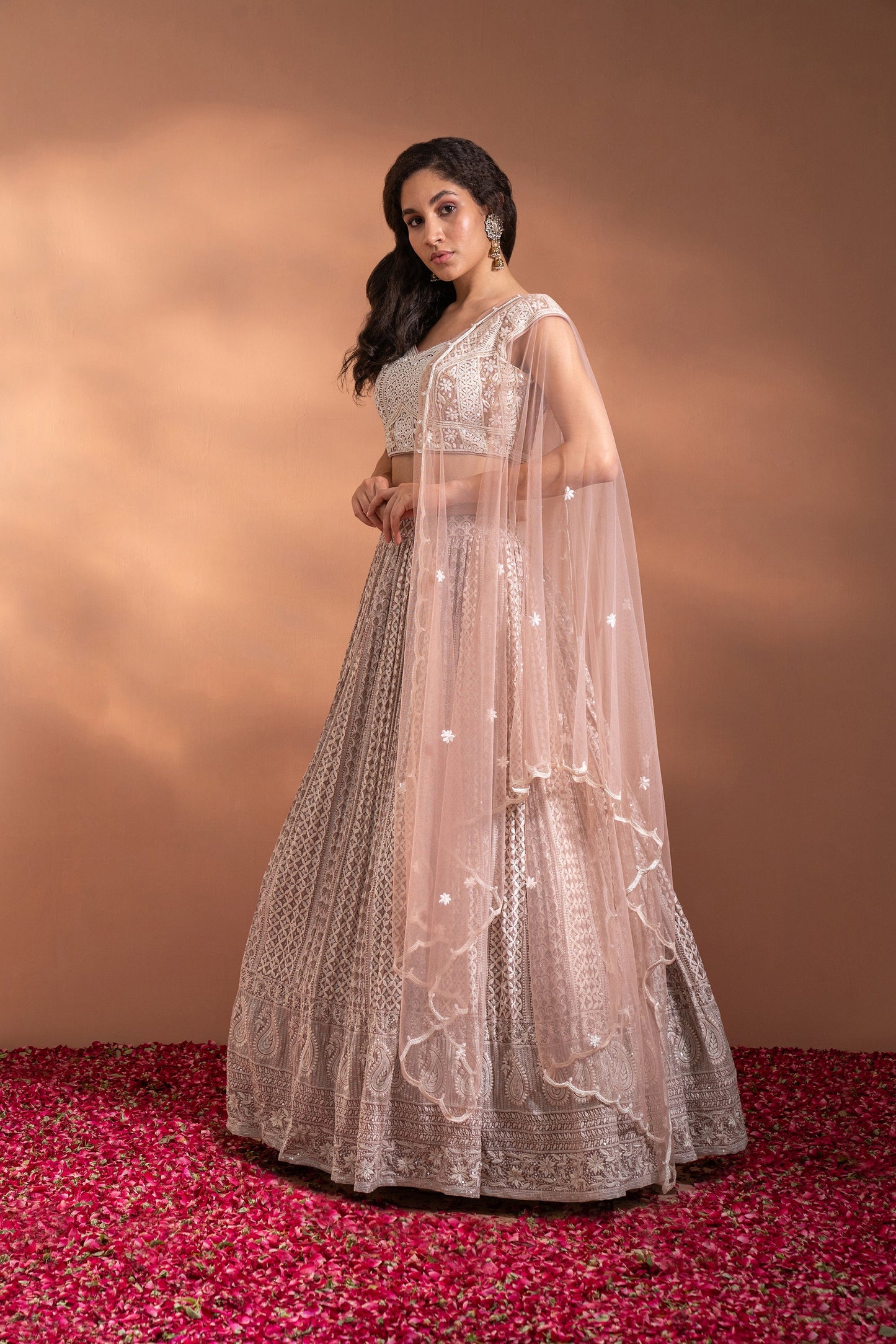 Nude Pink Lehenga Set in Net & Satin.