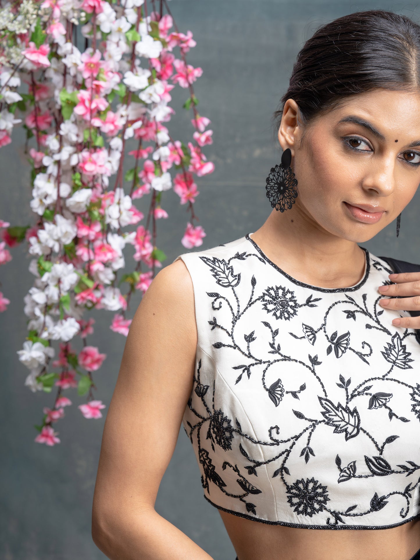 Ivory And Black Predraped Saree With Hand Embroidered Blouse