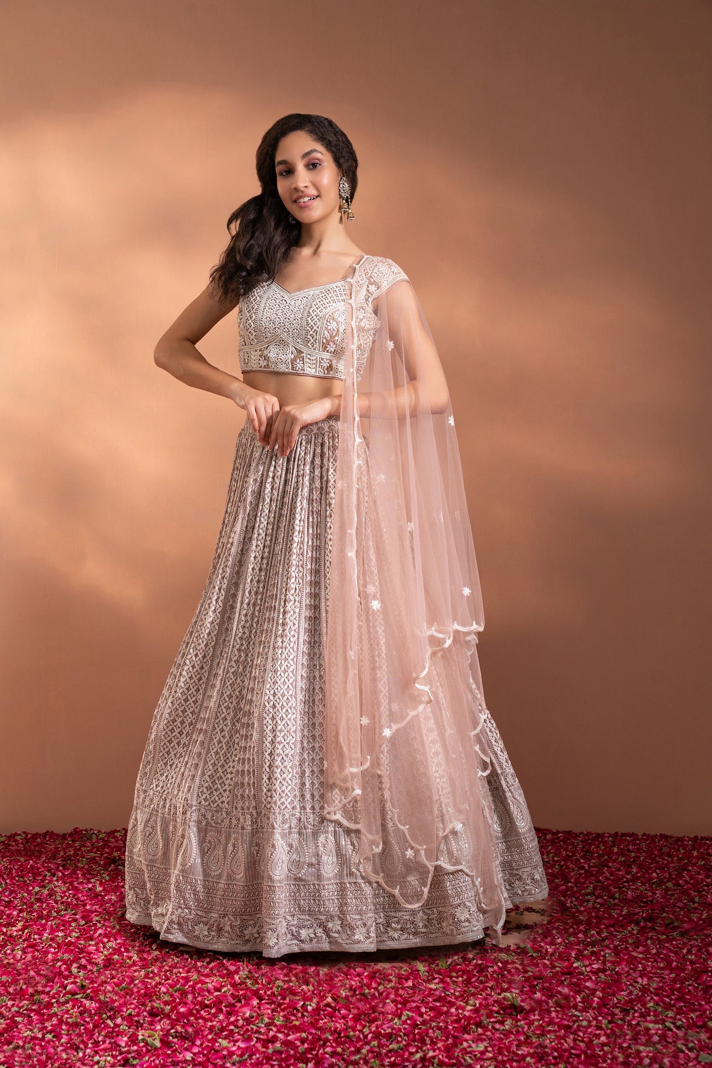 Nude Pink Lehenga Set in Net & Satin.