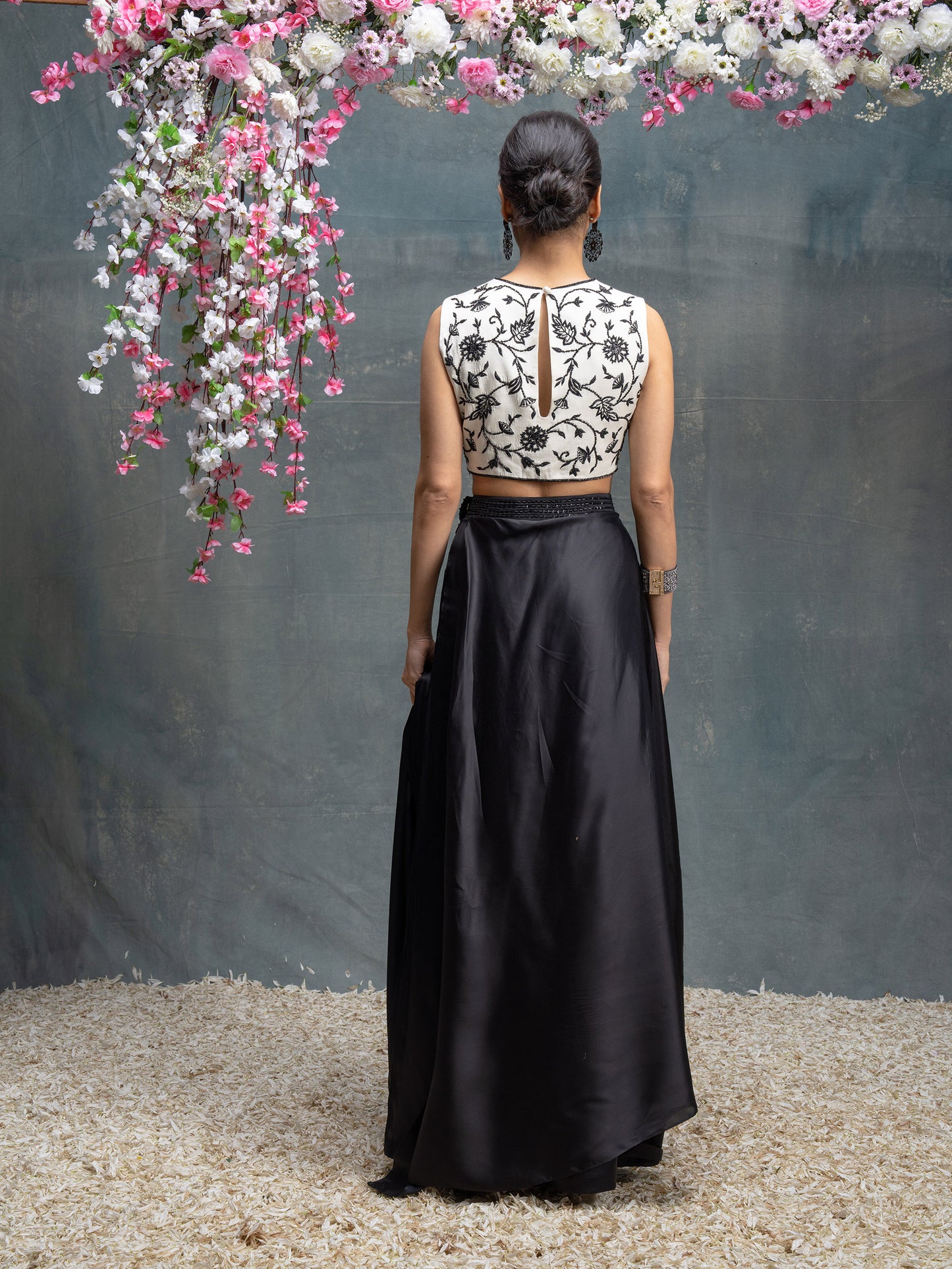 Ivory And Black Predraped Saree With Hand Embroidered Blouse