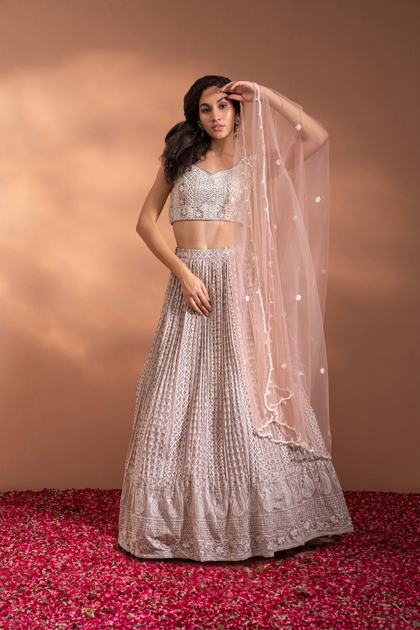 Nude Pink Lehenga Set in Net & Satin.