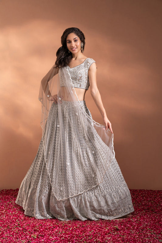Smoke Grey Lehenga Set in Net & Satin.