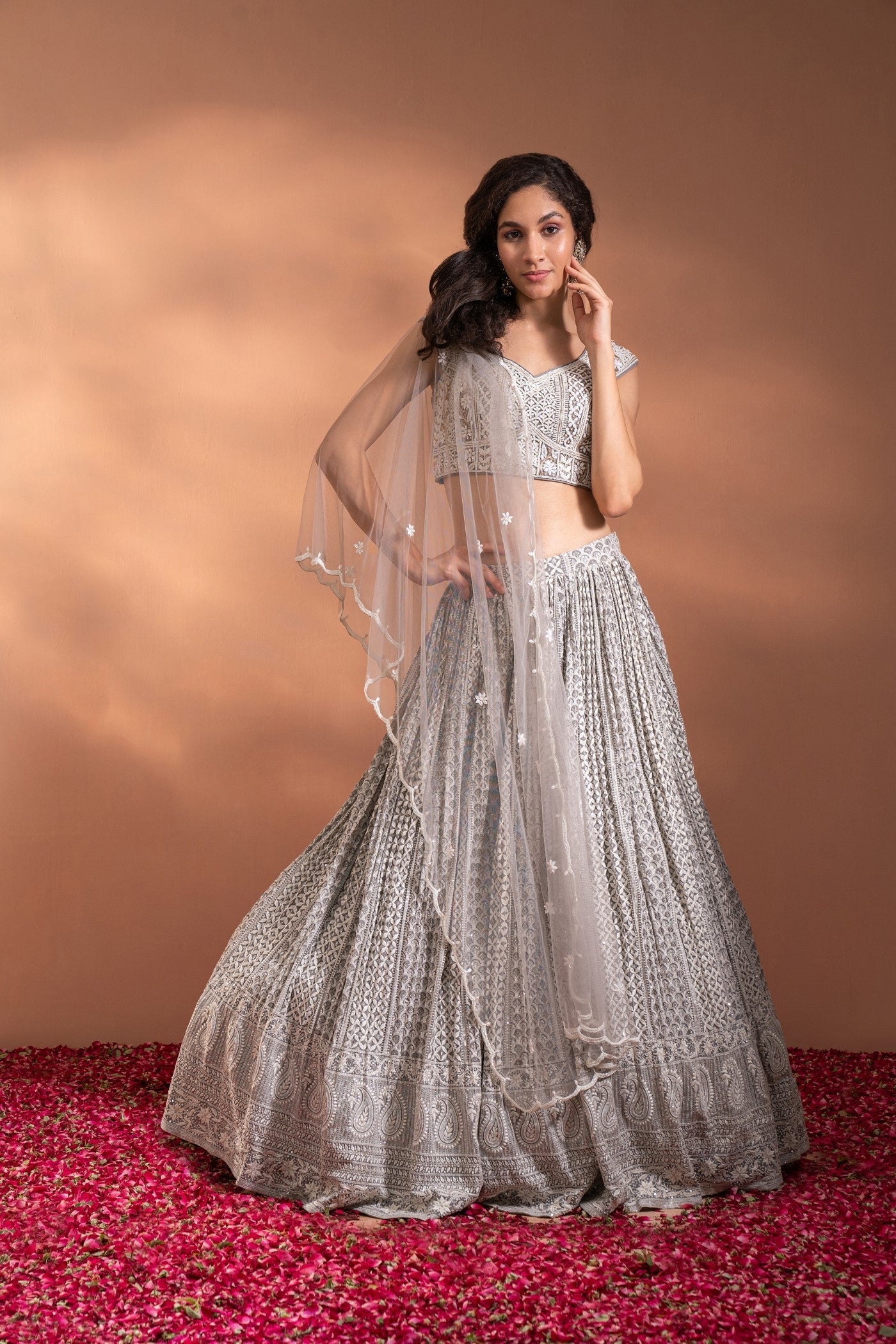 Smoke Grey Lehenga Set in Net & Satin.