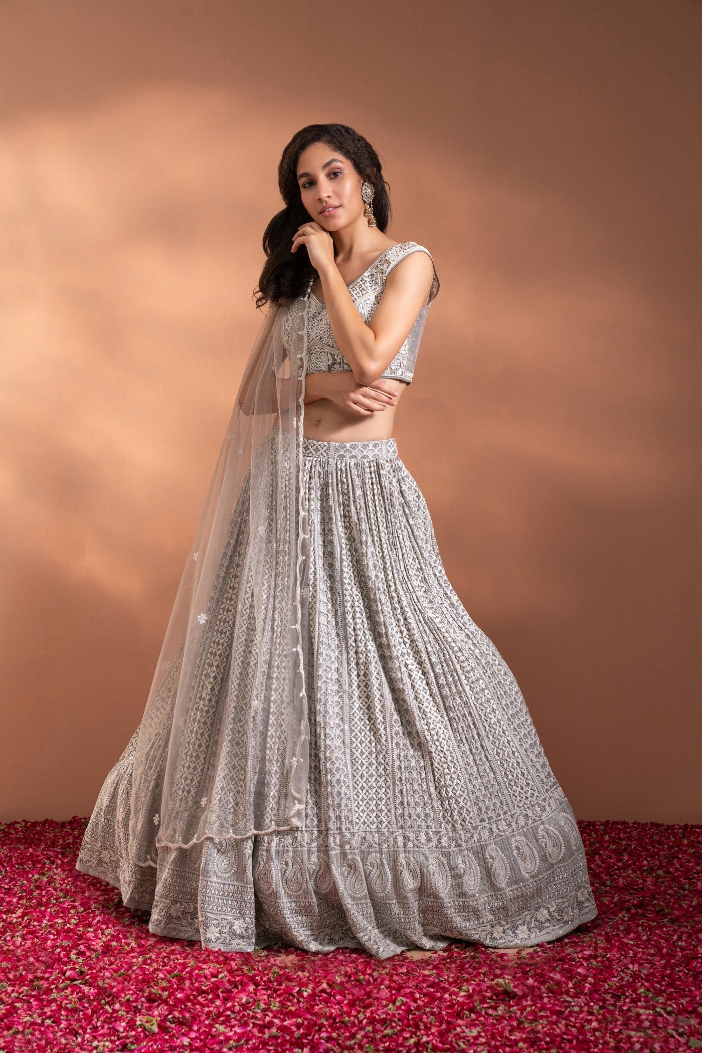 Smoke Grey Lehenga Set in Net & Satin.