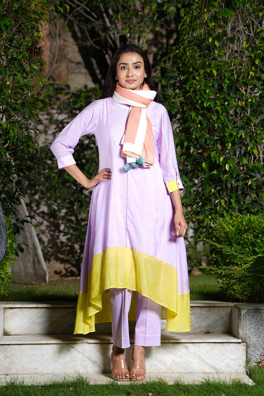Lilac Round neck quilted A-Line kurta set