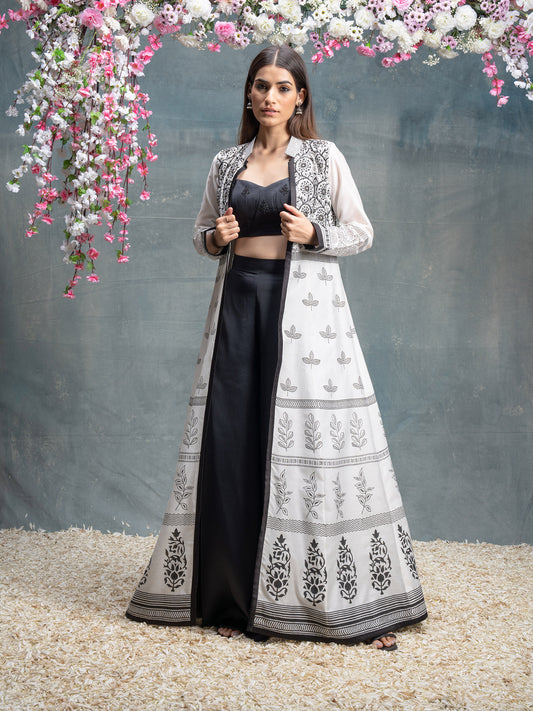 Ivory And Black Hand Block Printed & Embroidered Jacket Set