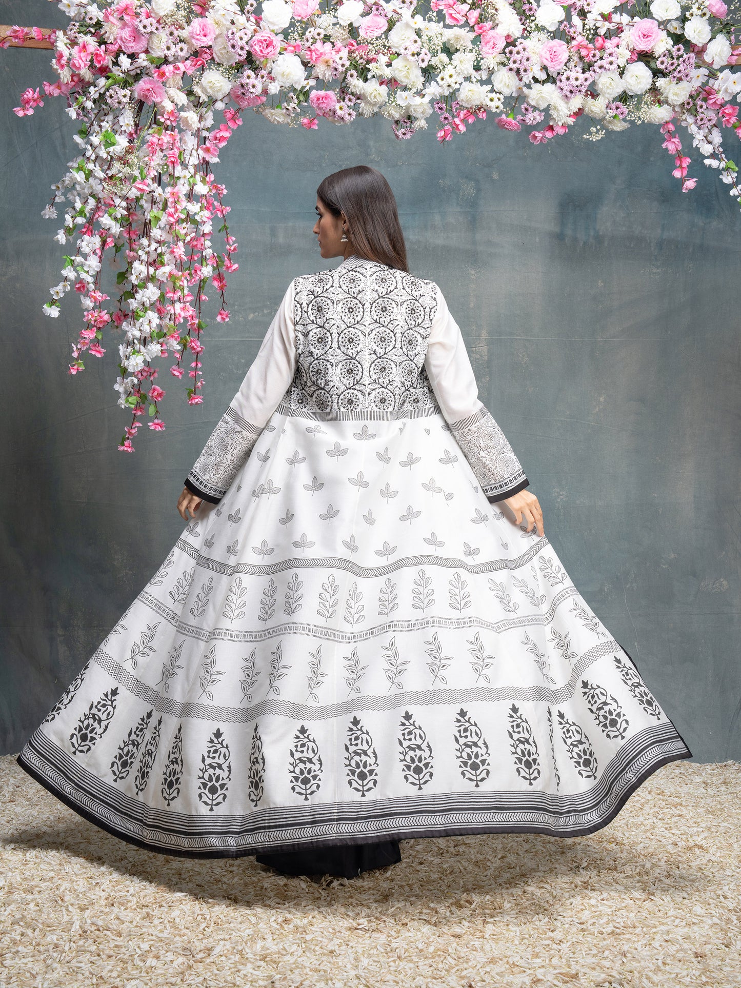 Ivory And Black Hand Block Printed & Embroidered Jacket Set