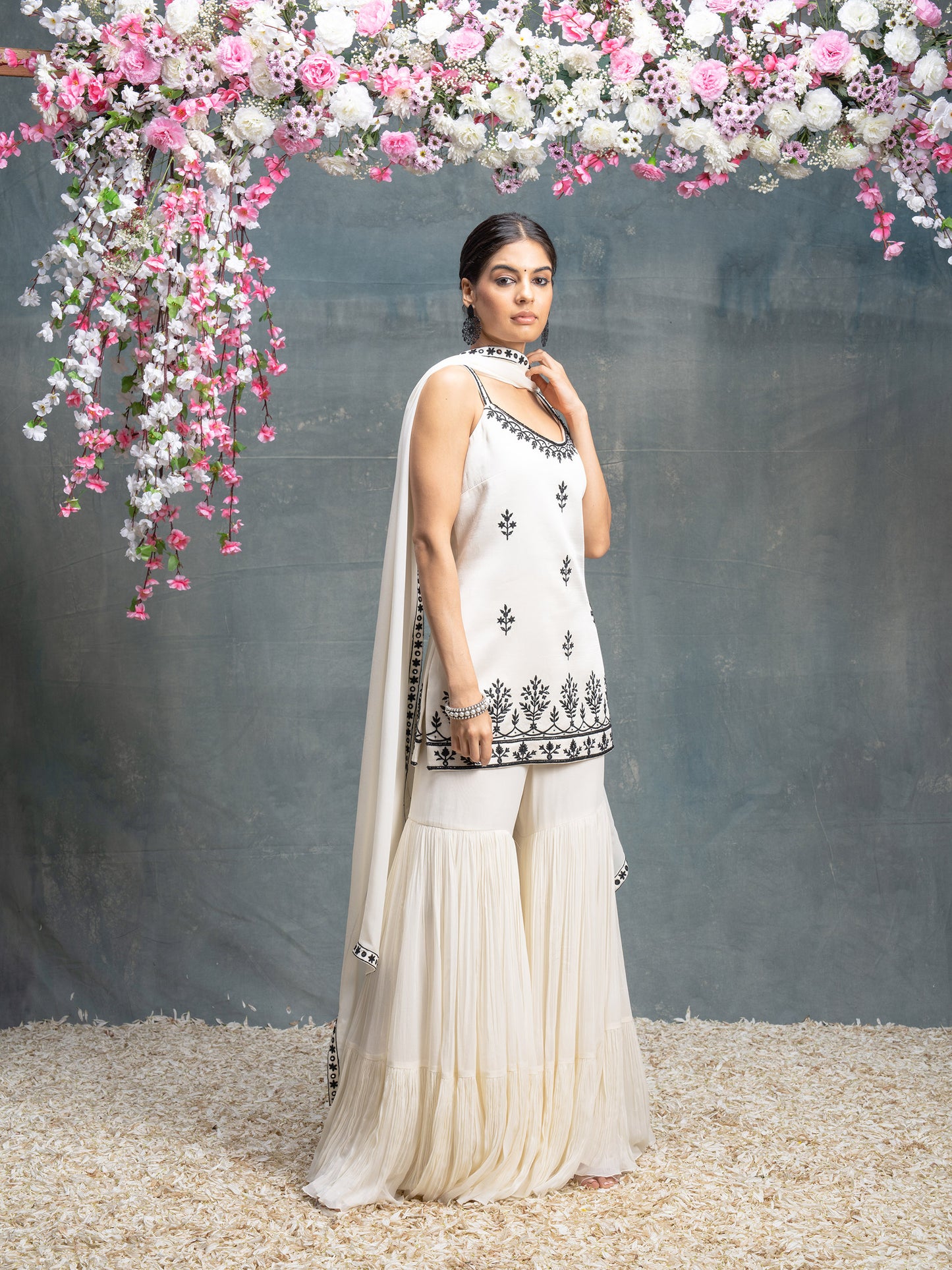 Ivory And Black Gharara Set With Mirror And Dori Work Embroidery