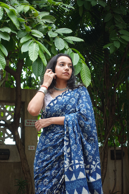 Indigo Splash - Blue Handblock Dabu in Natural Dyes - Cotton Mulmul Saree