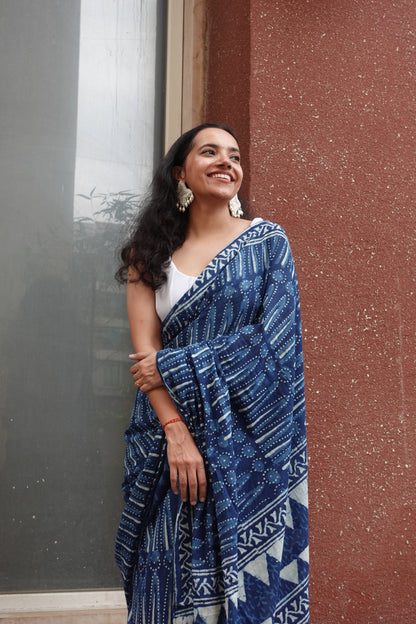 Indigo Light - Blue Handblock Dabu in Natural Dyes - Cotton Mulmul Saree
