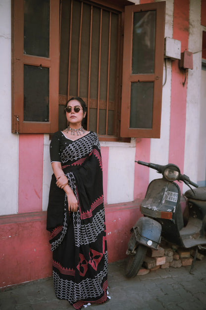 Retro Black - Handblock Print Natural Dyed - Mulmul Cotton Saree