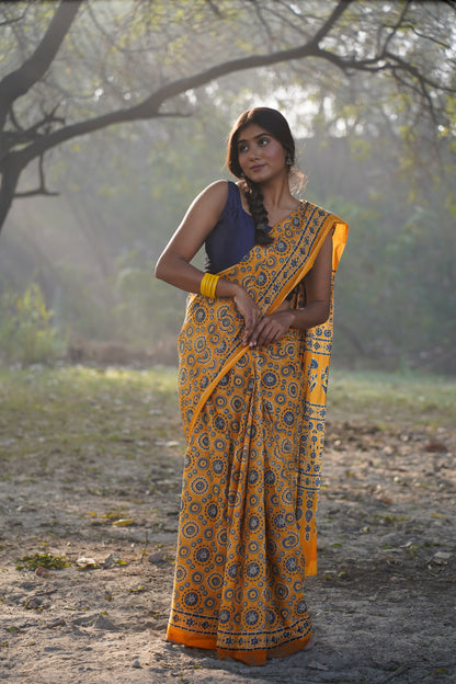 A Beautiful Sunset - Ajrakh Yellow Handblock Print Natural Dyed - Mulmul Cotton Saree