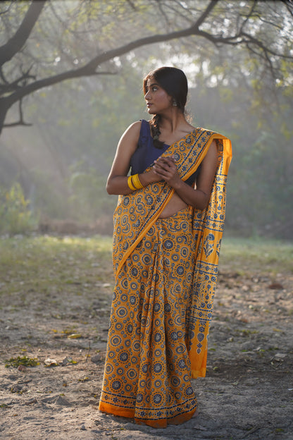 A Beautiful Sunset - Ajrakh Yellow Handblock Print Natural Dyed - Mulmul Cotton Saree