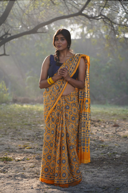 A Beautiful Sunset - Ajrakh Yellow Handblock Print Natural Dyed - Mulmul Cotton Saree