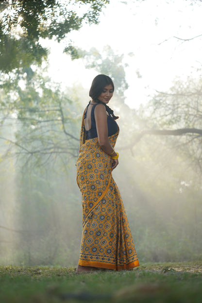 A Beautiful Sunset - Ajrakh Yellow Handblock Print Natural Dyed - Mulmul Cotton Saree