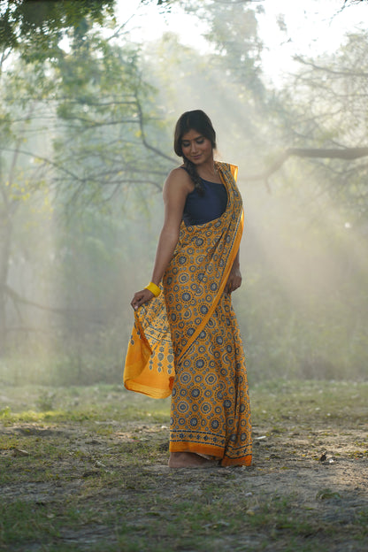 A Beautiful Sunset - Ajrakh Yellow Handblock Print Natural Dyed - Mulmul Cotton Saree