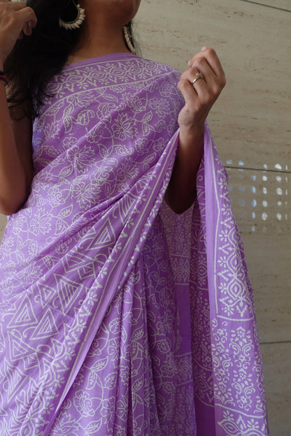 Lavender Love Letter - Handblock Print Natural Dyed - Mulmul Cotton Saree